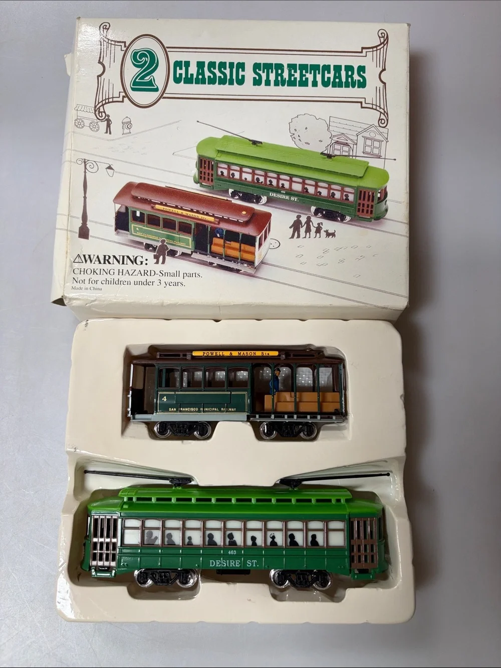 2 CLASSIC STREETCARS HO SCALE SAN FRANCISCO CABLE CAR & DESIRE ST TROLLEY- New
